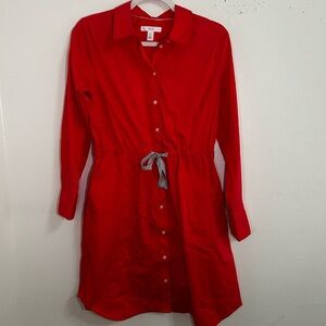 1901 Nordstrom coral red button down long sleeve dress draw string waist